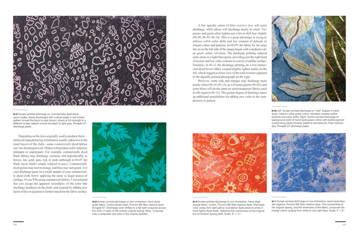 A book spread from "The Cumulative Cloth, Wet Techniques" by Schiffer Publishing, Ltd. showcases six custom wet-processed cloth samples in purple, blue, green, orange, and red, with text describing each surface design technique.