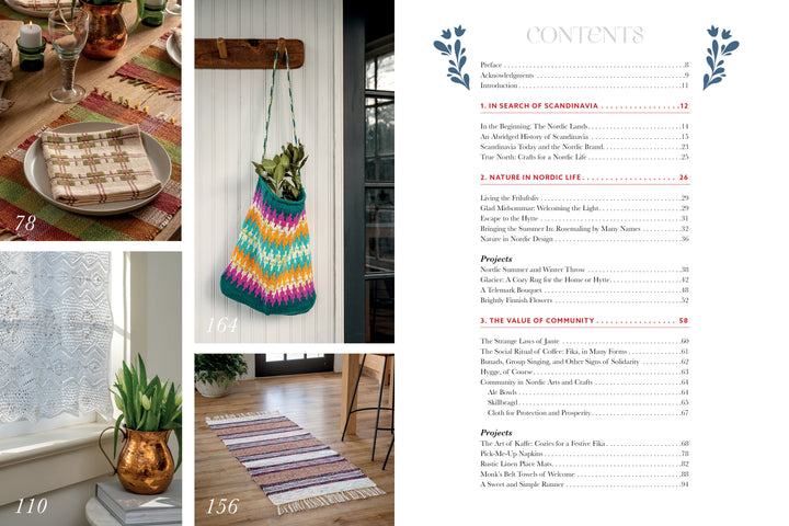 The contents page of Nordic Hands by Schiffer Publishing, Ltd. displays chapter titles with page numbers alongside photos of Nordic crafts—a table setting, crochet bag, lace curtain, and striped rug—highlighting cozy Scandinavian fiber art at home.