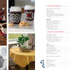 A collage featuring "Nordic Hands" by Schiffer Publishing, Ltd.: a teapot and mugs with Nordic-style cozies, matching coffee sleeves with cookies, a patterned gray tote bag, and a table set with Scandinavian fiber art decor.