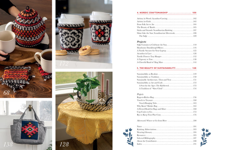 A collage featuring "Nordic Hands" by Schiffer Publishing, Ltd.: a teapot and mugs with Nordic-style cozies, matching coffee sleeves with cookies, a patterned gray tote bag, and a table set with Scandinavian fiber art decor.