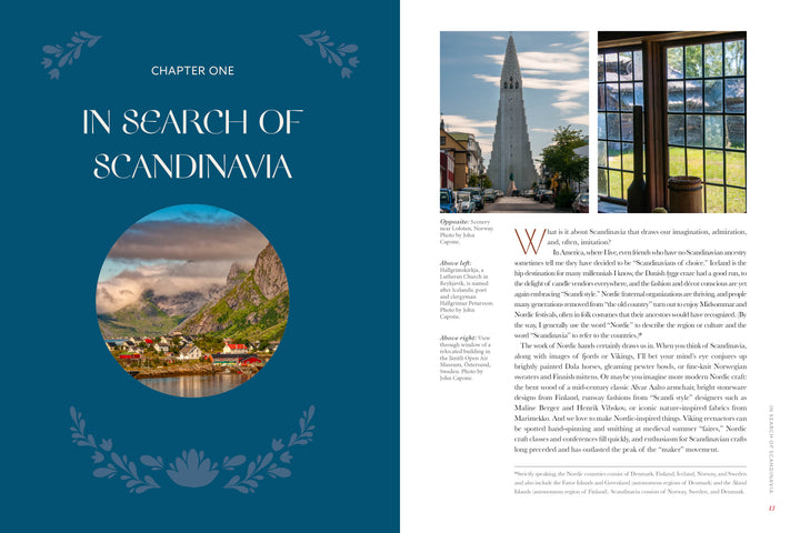 A book chapter page titled "In Search of Scandinavia" from Nordic Hands by Schiffer Publishing, Ltd., shows a round photo of a coastal village with mountains, plus images of a modern church, fjord, and Nordic crafts on the right page.