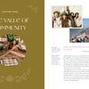 A two-page spread in Schiffer Publishing, Ltd.'s Nordic Hands, titled The Value of Community, features decorated tables, vintage photos, and beach gatherings—all with Scandinavian fiber art accents—alongside text and a quote.