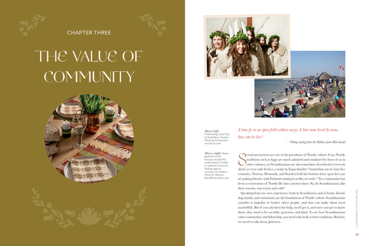 A two-page spread in Schiffer Publishing, Ltd.'s Nordic Hands, titled The Value of Community, features decorated tables, vintage photos, and beach gatherings—all with Scandinavian fiber art accents—alongside text and a quote.