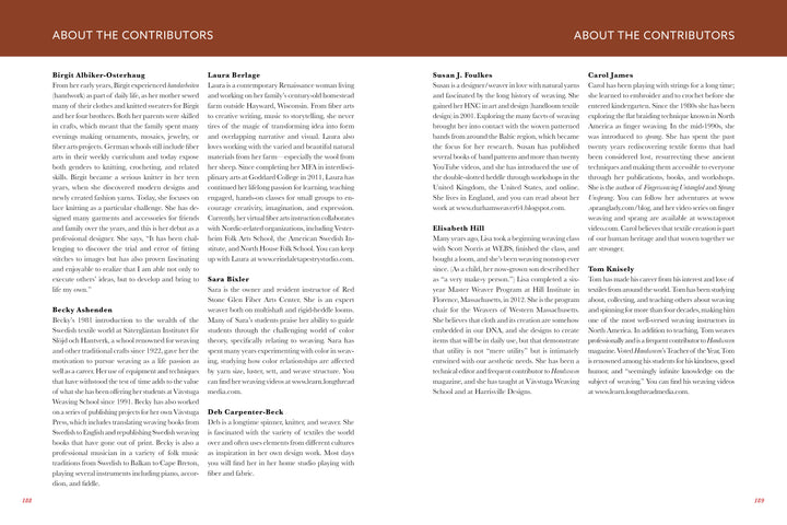 A page in Nordic Hands by Schiffer Publishing, Ltd. features short bios and contact info for contributors active in fiber art and Nordic crafts, arranged in two columns with red headings and black text on a white background.