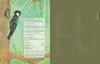 On the left, a woodpecker perches amid green leaves; on the right, a green page shows the table of contents from "Stitched Journeys with Birds" by Schiffer Publishing, Ltd.—ideal for avian fiber art fans.