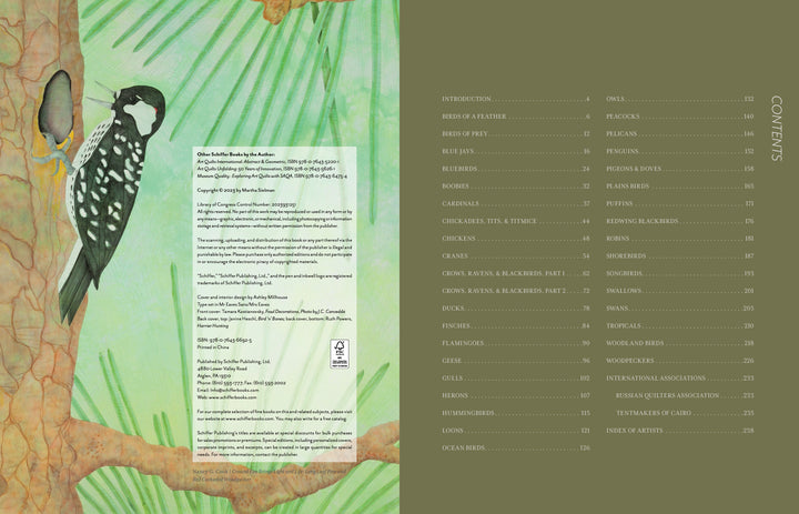 On the left, a woodpecker perches amid green leaves; on the right, a green page shows the table of contents from "Stitched Journeys with Birds" by Schiffer Publishing, Ltd.—ideal for avian fiber art fans.