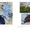 A vibrant avian fiber art collage from "Stitched Journeys with Birds" by Schiffer Publishing, Ltd.: a bird of prey close-up at left, with a fabric stork foraging and a perched hawk on the right—featured in this inspiring bird quilt book.