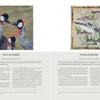 Two pages from Stitched Journeys with Birds (Schiffer Publishing, Ltd.) show avian fiber art: left, grey crowned cranes by Tilly de Harde; right, irises on a map by Vivika Denegre. Artist bios and artwork details appear below each image.