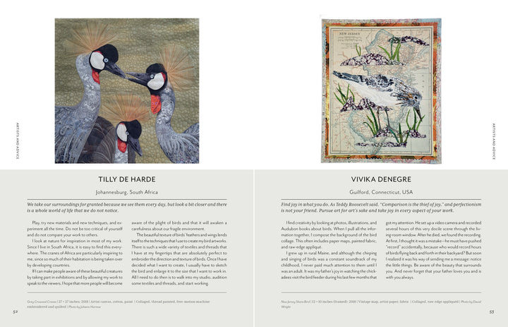 Two pages from Stitched Journeys with Birds (Schiffer Publishing, Ltd.) show avian fiber art: left, grey crowned cranes by Tilly de Harde; right, irises on a map by Vivika Denegre. Artist bios and artwork details appear below each image.