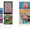 On the left, "Stitched Journeys with Birds" by Schiffer Publishing, Ltd. displays avian fiber art with flamingos near water; on the right, a painting depicts a woman sunbathing on a beach with two flamingos beside her.