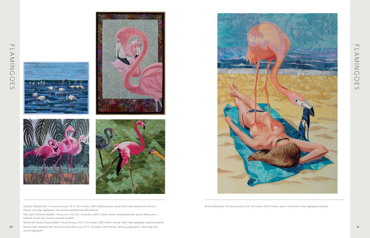 On the left, "Stitched Journeys with Birds" by Schiffer Publishing, Ltd. displays avian fiber art with flamingos near water; on the right, a painting depicts a woman sunbathing on a beach with two flamingos beside her.