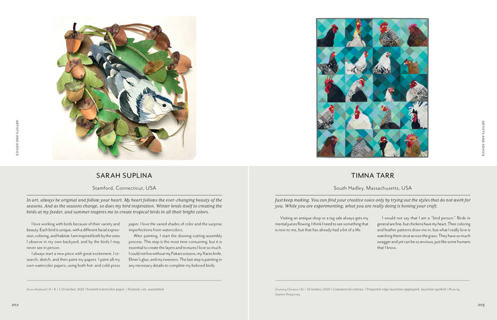 A two-page spread from *Stitched Journeys with Birds* by Schiffer Publishing, Ltd.: Sarah Suplina's bird-inspired fabric art appears left, Timna Tarr's quilt-like avian patterns right, each with artist bios below the images.