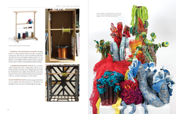 A page from "Weaving with Wire" by Schiffer Publishing, Ltd. features three images on the left—a yarn-winding station, a spool in a box, and a crate—and a colorful wire textile sculpture with intricate, coral-like patterns on the right.