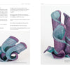 Two woven wire textile sculptures in turquoise and purple spiral forms are displayed on a white background, illustrating techniques from "Weaving with Wire" by Schiffer Publishing, Ltd.