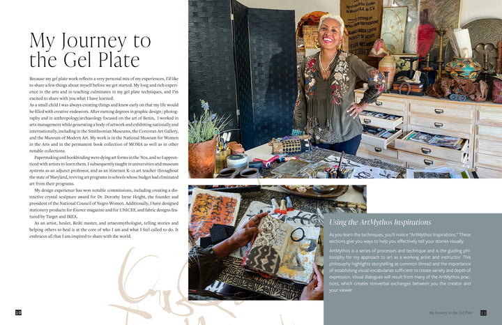 A smiling woman in a studio uses Schiffer Publishing, Ltd.’s “Gel Plate Printing for Mixed-Media Art,” shown creating designs with stencils and tools, surrounded by vibrant paints and materials.