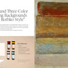 On the right is a textured abstract painting with brown, red, and gold bands. To the left are art supplies for Gel Plate Printing for Mixed-Media Art by Schiffer Publishing, Ltd., neatly arranged next to a detailed materials list.