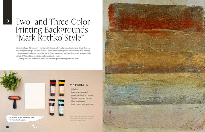 On the right is a textured abstract painting with brown, red, and gold bands. To the left are art supplies for Gel Plate Printing for Mixed-Media Art by Schiffer Publishing, Ltd., neatly arranged next to a detailed materials list.