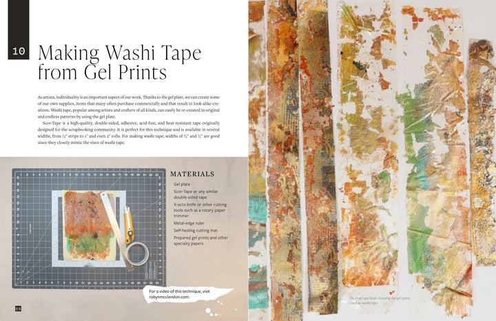 Explore a tutorial from "Gel Plate Printing for Mixed-Media Art" by Schiffer Publishing, Ltd., showing how to craft colorful washi tape strips with gel plate printing, plus a materials list for your next creative art journal project.