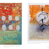 Two abstract artworks from "Gel Plate Printing for Mixed-Media Art" by Schiffer Publishing, Ltd.: left, red and white circles on blue-green layers; right, an orange gradient with a white circle and bold black calligraphic strokes.