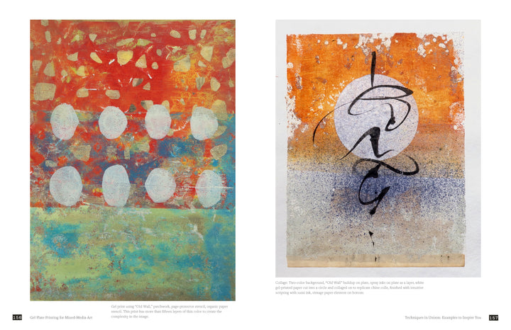 Two abstract artworks from "Gel Plate Printing for Mixed-Media Art" by Schiffer Publishing, Ltd.: left, red and white circles on blue-green layers; right, an orange gradient with a white circle and bold black calligraphic strokes.