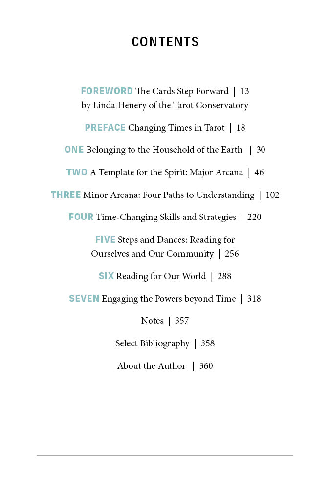The Time Changer's Tarot by Schiffer Publishing, Ltd. features a table of contents with chapters on the Waite-Smith Tarot, modern tarot insights, Foreword, Preface, Notes, About the Author, and Index—titles and page numbers in black and colored text.