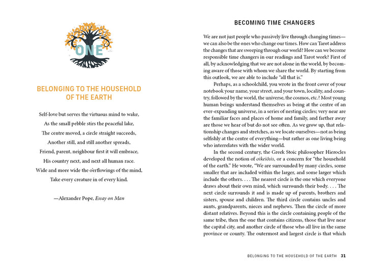 An open book from Schiffer Publishing, Ltd.'s The Time Changer's Tarot shows a circular earth above the poem "Belonging to the Household of the Earth" by Alexander Pope (left), and "Becoming Time Changers" with text below on the right.