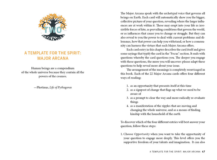 A spread from The Time Changer's Tarot by Schiffer Publishing, Ltd. features a decorative birds-and-branches logo, a Pythagoras quote, and insights on interpreting the Major Arcana in modern decks like the Waite-Smith Tarot.