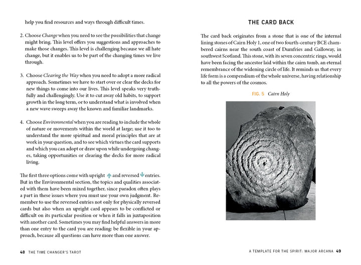 A book page from The Time Changer's Tarot by Schiffer Publishing, Ltd. features tarot guidance text and an illustration labeled FIG. 5. Cairn Holy, depicting a circular stone formation with stacked stones and hills in the background.