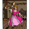 “The Lovers” card from The Legend of Sleepy Hollow Tarot by Schiffer Publishing, Ltd. depicts a man and woman dancing in period attire as another man watches, with autumn garlands and a pumpkin setting the literary tarot scene.