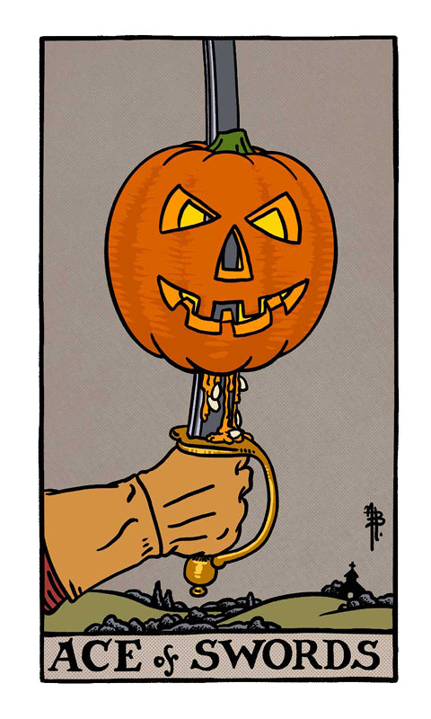 The Legend of Sleepy Hollow Tarot by Schiffer Publishing, Ltd. features a card with a hand gripping a sword topped with a jack-o-lantern hilt, set against gray hills and a building, reflecting the deck’s eerie literary allure.