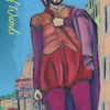 The King of Wands card from the Lisboa Tarot by Schiffer Publishing, Ltd. shows a confident bearded man in red and purple on a city balcony, with "King of Wands" in yellow script on the left side of the card.