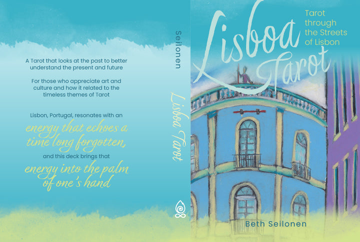 Lisboa Tarot by Schiffer Publishing, Ltd.: Artistic cover shows a turquoise Lisbon building with yellow trim under a blue sky, reflecting Old World tarot. Whimsical style and handwritten fonts capture the city’s charm and mystique.
