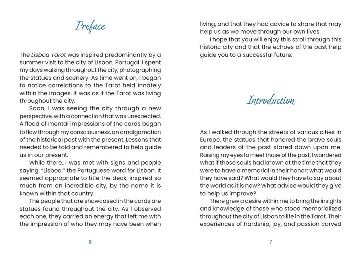 A two-page spread from "Lisboa Tarot" by Schiffer Publishing, Ltd.: The Preface shares the author's experience with the deck in Lisbon, while the Introduction explores the city's tarot heritage and stories.
