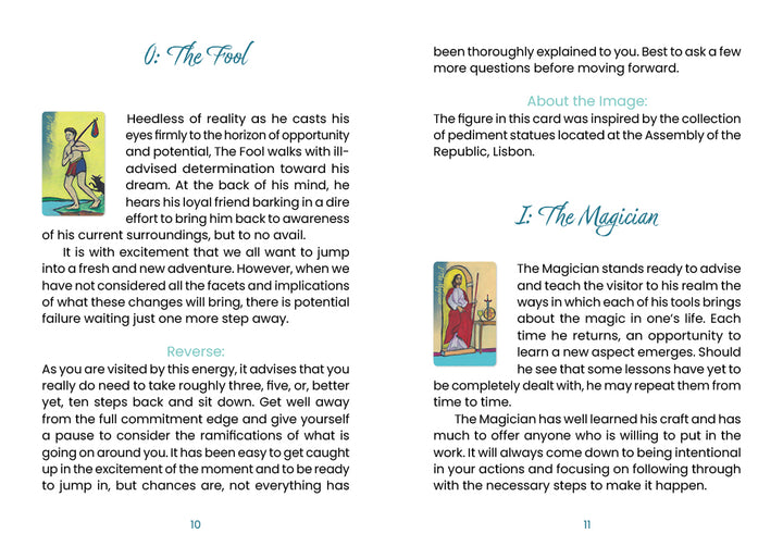 A two-page spread from Lisboa Tarot by Schiffer Publishing, Ltd. features “0: The Fool” and “I: The Magician,” each with illustrations and descriptions that highlight the deck’s Old World European tarot tradition.