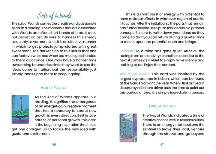 A two-page spread in Schiffer Publishing, Ltd.’s Lisboa Tarot explains the Suit of Wands with Old World European art, card meanings for the Ace and Two of Wands, and explores wands symbolism in Lisboa Tarot designs.