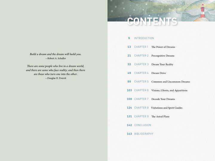A spread from "Dream Your Reality" by Schiffer Publishing, Ltd. shows a pale green background with a dream quote on the left and a table of contents listing dream manifestation chapters on the right.