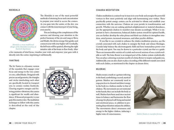 A two-page spread from Dream Your Reality by Schiffer Publishing, Ltd. explores mandalas, yantras, chakra meditation, and mudras for self-discovery, featuring diagrams “Mandala as seen in traditional Buddhist temples” and “Sri Yantra.”.