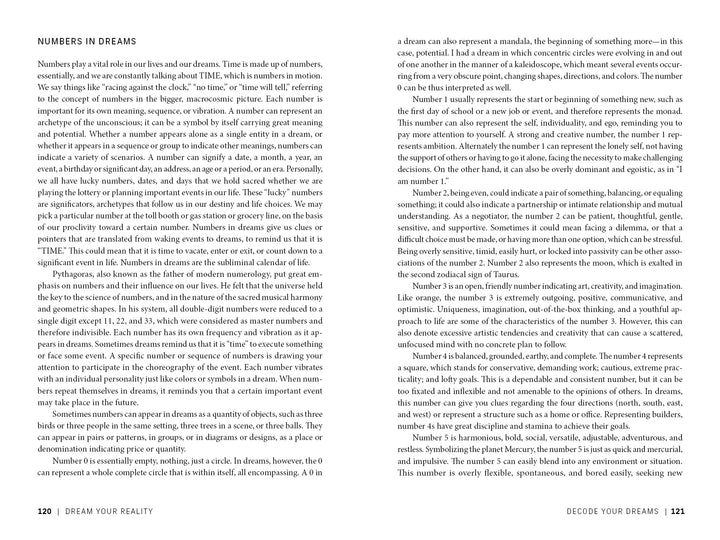 An open book titled "Dream Your Reality" by Schiffer Publishing, Ltd. displays two pages on the symbolism of numbers in dreams, linking them to astrology and metaphysics in dense, image-free paragraphs under the heading NUMBERS IN DREAMS.