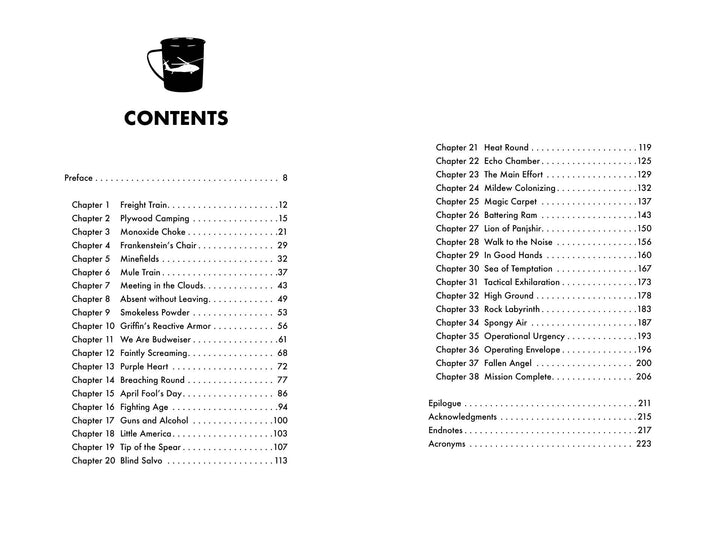 The War & Coffee table of contents by Schiffer Publishing, Ltd. lists chapters like Freight Train, Smokeleaf Power, Afghanistan pilot memoir, and Operation Envelope in two columns with a US Army Blackhawk mug icon at the top.