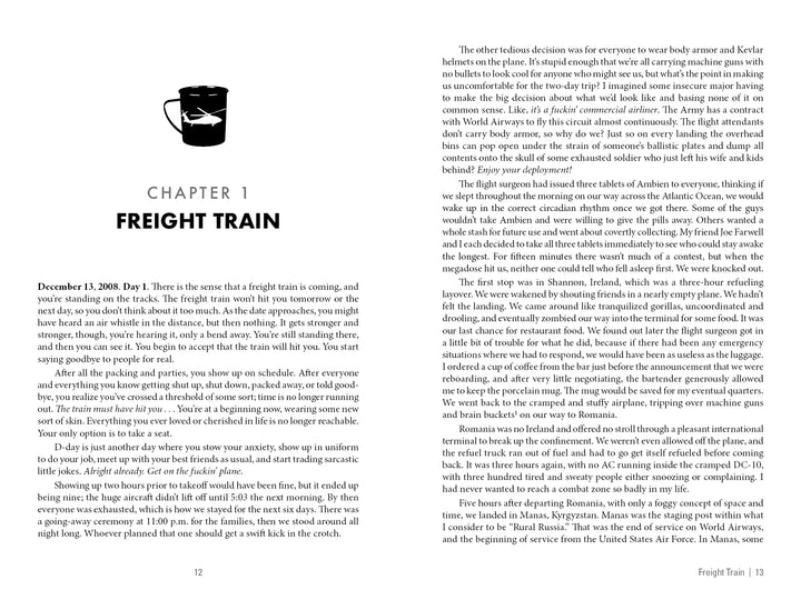 Pages from War & Coffee by Schiffer Publishing, Ltd. show the start of Chapter 1, "Freight Train," featuring text on a US Army Blackhawk mission and a block of narrative from an Afghanistan helicopter pilot memoir.