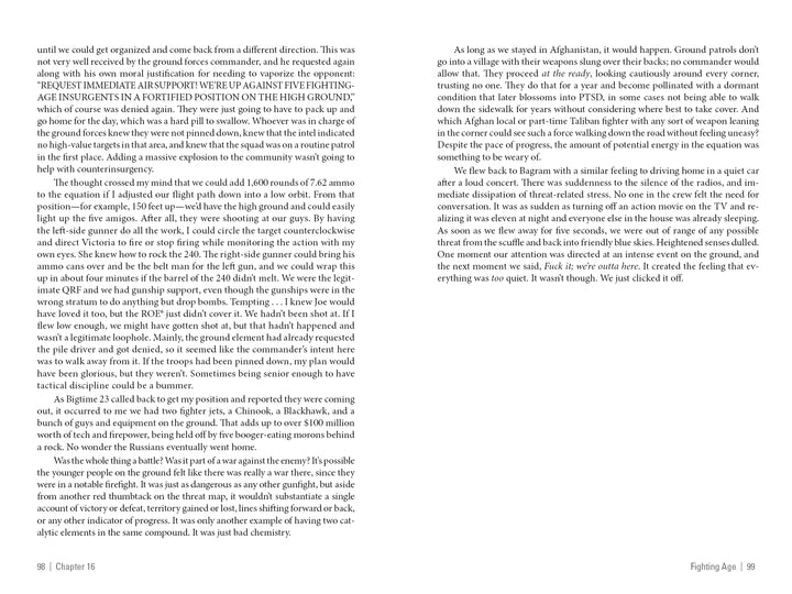 A two-page spread from "War & Coffee" by Schiffer Publishing, Ltd. features dense, two-column text under the header “Fighting Alpa” on pages 98-99, recounting a US Army Blackhawk pilot's experience in Afghanistan. No images are present.
