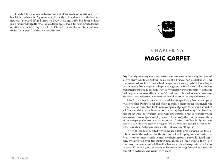 A spread from *War & Coffee* by Schiffer Publishing, Ltd. shows Chapter 25, "Magic Carpet": the left page continues the story, while the right has the chapter title and a diary entry by a US Army Blackhawk pilot during a 101st Airborne deployment.