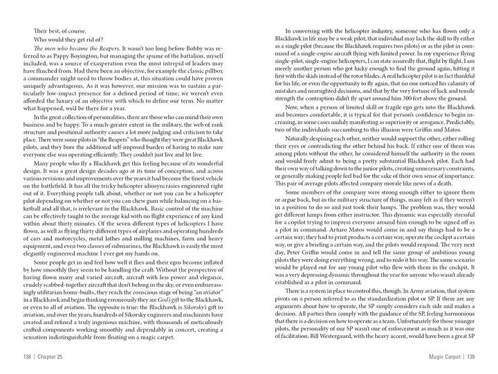 A book page from "War & Coffee" by Schiffer Publishing, Ltd. shows two columns of text, page 139, covering US Army Blackhawk helicopters, luxury, and military equipment—resembling an Afghanistan helicopter pilot memoir. Text only, no images.
