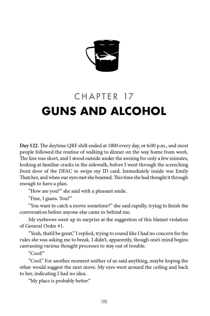 A page titled Chapter 17: Guns and Alcohol from "War & Coffee" by Schiffer Publishing, Ltd. shows text describing a military scene in an Afghanistan helicopter pilot memoir. The narrator reflects on the day and discusses watching a movie. Page 100.