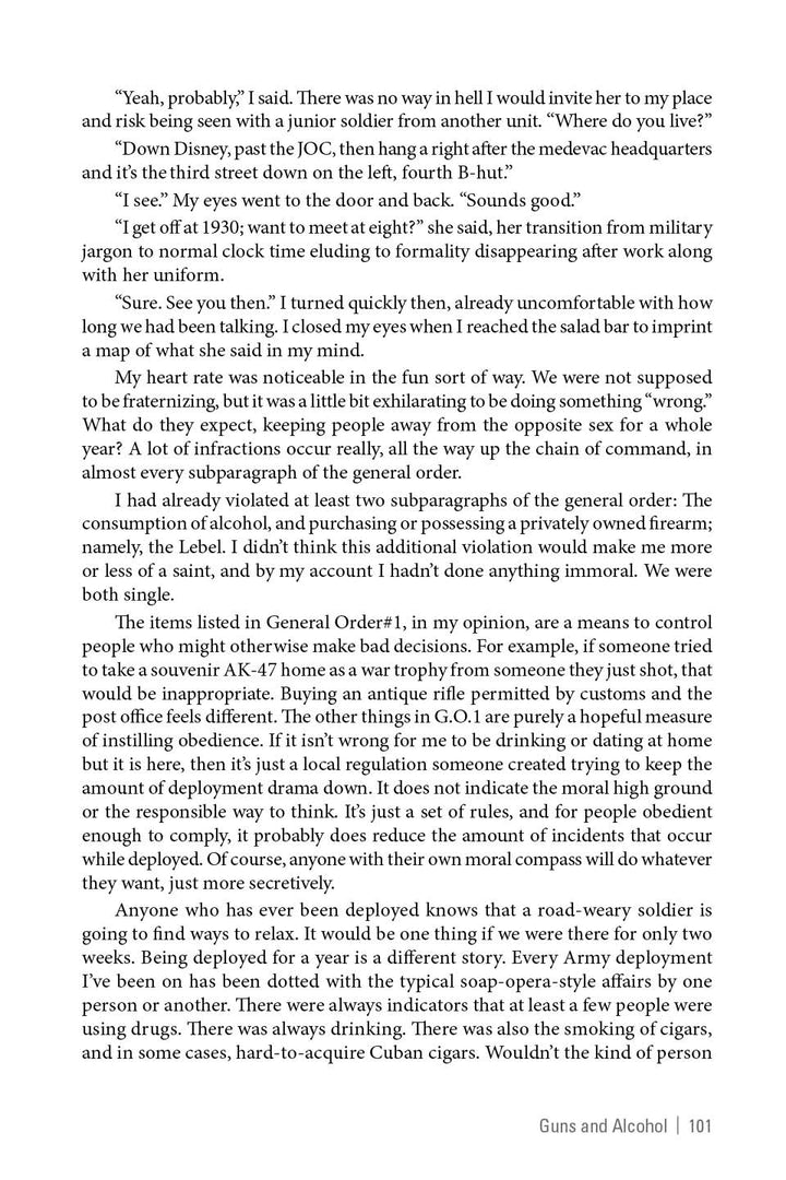 A page from War & Coffee by Schiffer Publishing, Ltd. offers narrative text on military life, Blackhawk missions, soldier interactions, and insights into the role of coffee in the field.