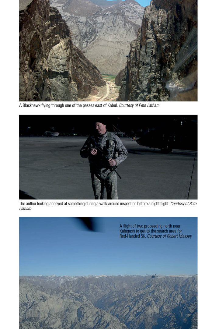 Image 1: A US Army Blackhawk navigates Afghan mountains, echoing memoirs like War & Coffee by Schiffer Publishing, Ltd. Image 2: A soldier with gear at dusk. Image 3: Aerial view near Kalagush.