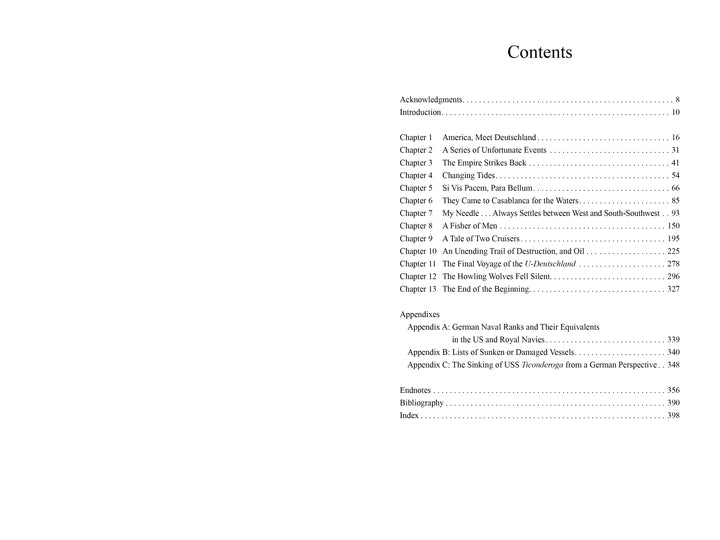 The image shows the table of contents from "Reaping the Whirlwind" by Schiffer Publishing, Ltd., featuring chapters, appendices, and page numbers in two columns under Contents. Topics include submarine warfare off North America.