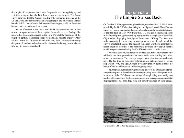 A black-and-white photograph featured in "Reaping the Whirlwind" by Schiffer Publishing, Ltd. shows the USS D-2 submarine on the ocean surface near North America—its conning tower visible, evoking World War I submarine warfare.