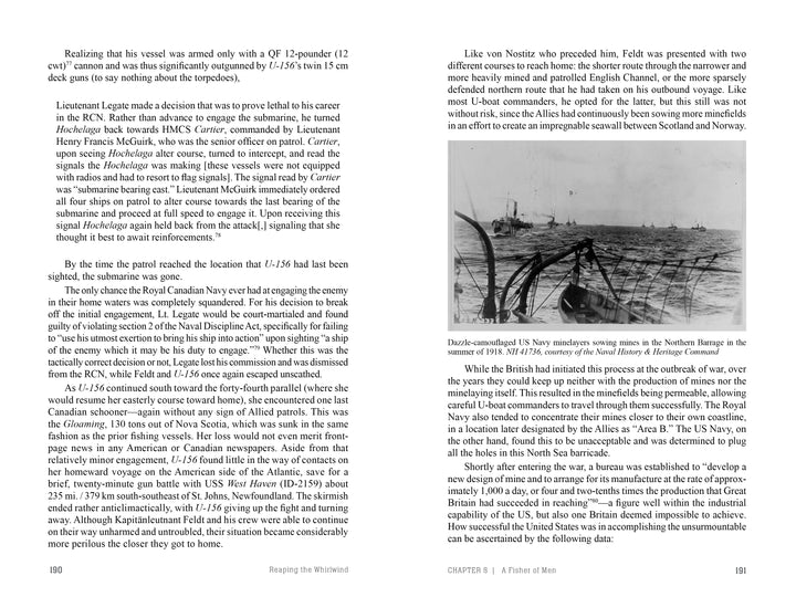 A black-and-white photo in "Reaping the Whirlwind" by Schiffer Publishing, Ltd. shows sailors with binoculars on HMS Vanessa escorting a WWII convoy through rough seas near North America's coast, bordered by text on both sides.