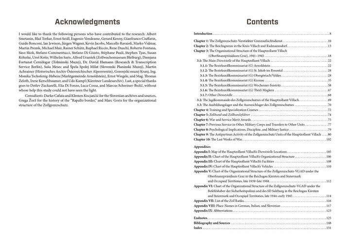 A book spread from "Zollgrenzschutz" by Schiffer Publishing, Ltd. shows Acknowledgments on the left and a two-column Contents page on the right, listing chapters on the Zollgrenzschutz police and Balkans resistance with page numbers.